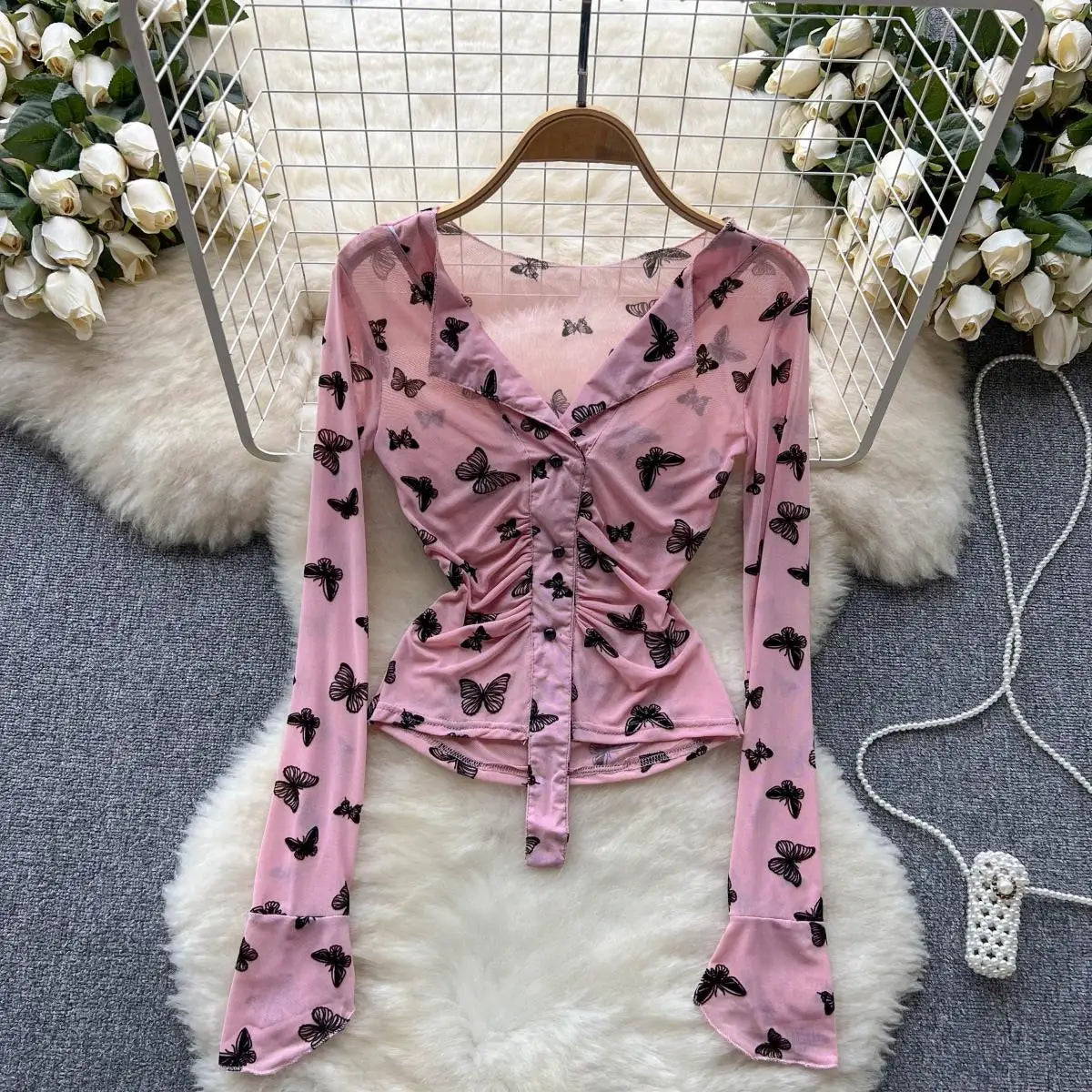 Bxoxo Butterfly Print Blouse Summer Long Sleeve V Neck Y2K 2024 Slim Vacation Ladies High Street Fashion Casual Shirt