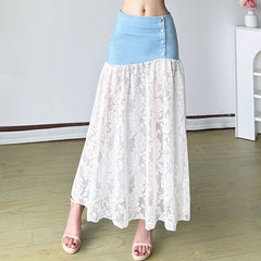 Bxoxo Fairycore Lace Stitching Skirt Chic Irregular Denim Patchwork Low Rise Long Skirts for Women Summer Streetwear y2k Skirts