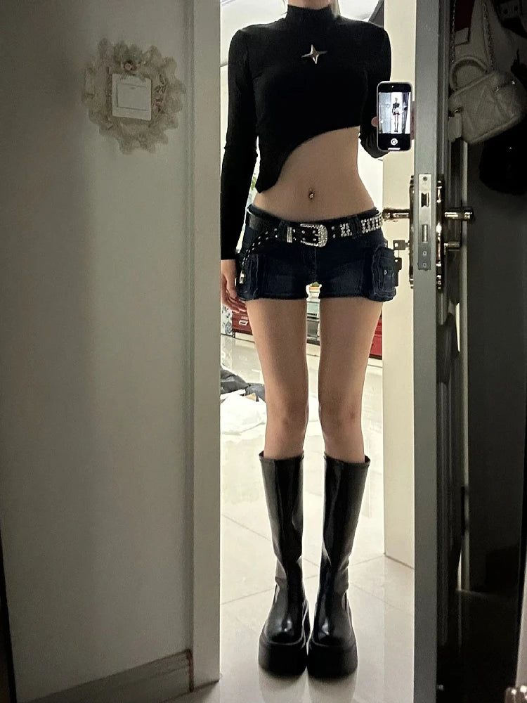 Bxoxo Woman Casual Hot Slim Pants Low Waist Jean Solid Color Wash shorts Goblin Denim Shorts Y2k Classical Sexy Gyaru Dark Academia