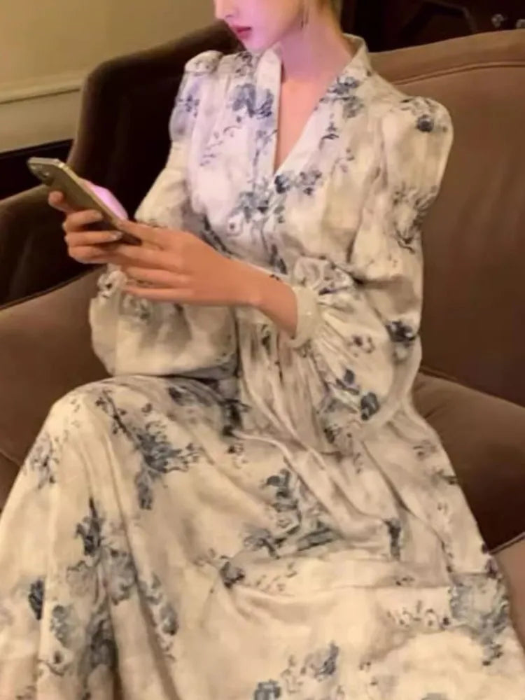 BXOXO Women Fashion Casual A-Line Print Long Dress Spring Summer Vintage Elegant Party Birthday Clothes Female Vestidos Wedding Robe