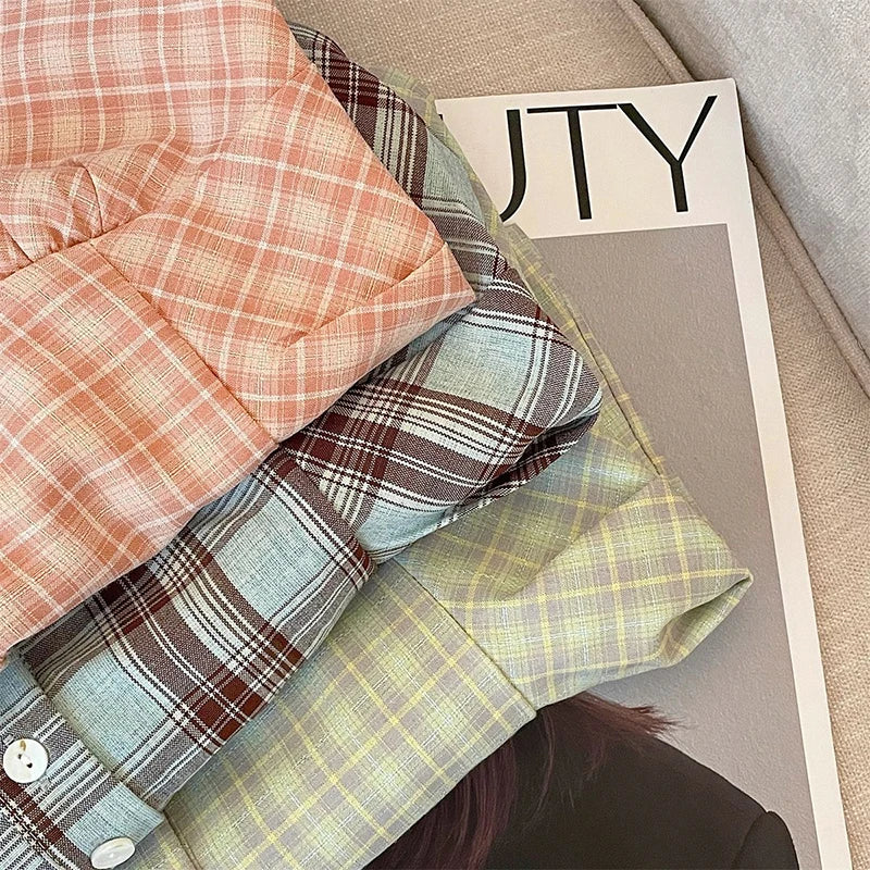 Bxoxo Retro Plaid Off Shoulder Women Shirt Summer Harajuku Single Breasted V Neck Top Korean Chic Sleeveless Crop Camis Blouse Mujer