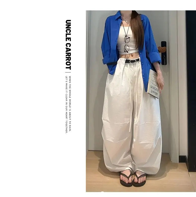Bxoxo White Basic High Waist Wide Leg Women Pants Solid Color Korean Fashion Parachute Trousers Baggy Lace Up Youthful Summer