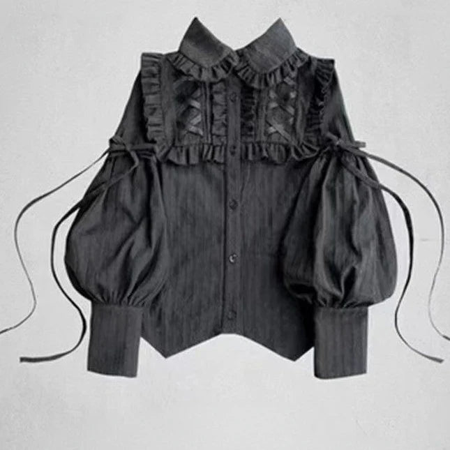 BXOXO 2025 Vintage Black Loose Y2k Aesthetic Shirt Women Streetwear Bandage Bow Grunge Blouse Harajuku Oversized Blusas Camisas Mujer