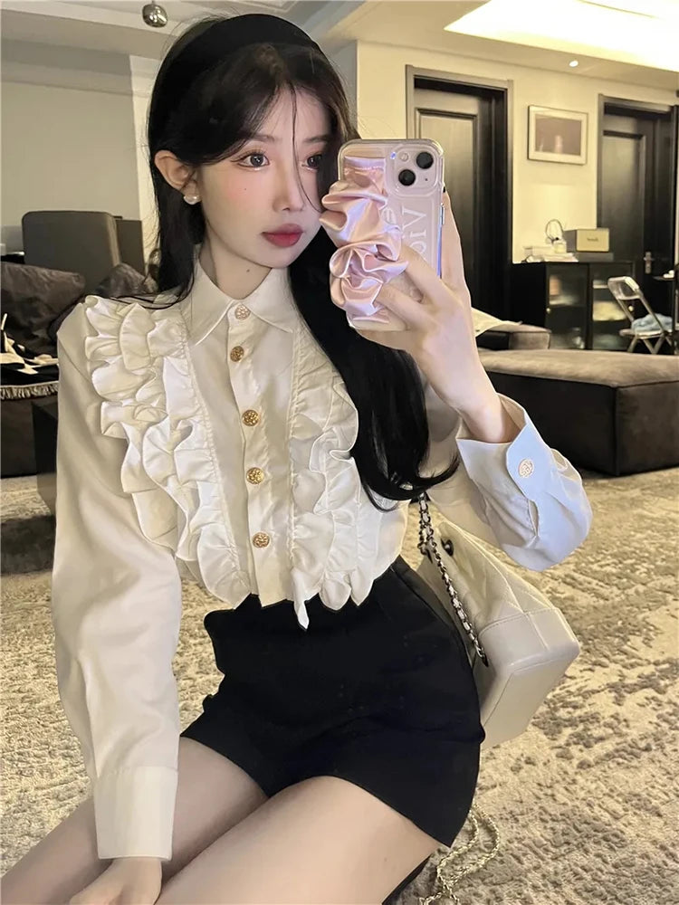 Bxoxo French Ruffle White Shirt Women Japanese Sweet Lolita Long Sleeve Female Blouse Y2K Kawaii Preppy All Match Chic Crop Tops New