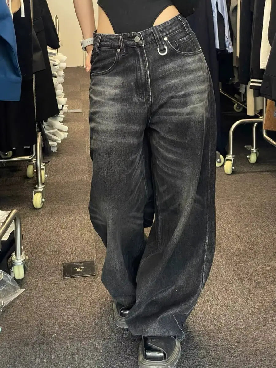 Bxoxo Black Vintage Washed Wide Leg Women's Jeans Y2k Overzised Korean Fashion Denim Pants Baggy Hip Hop Streetwear Gyaru