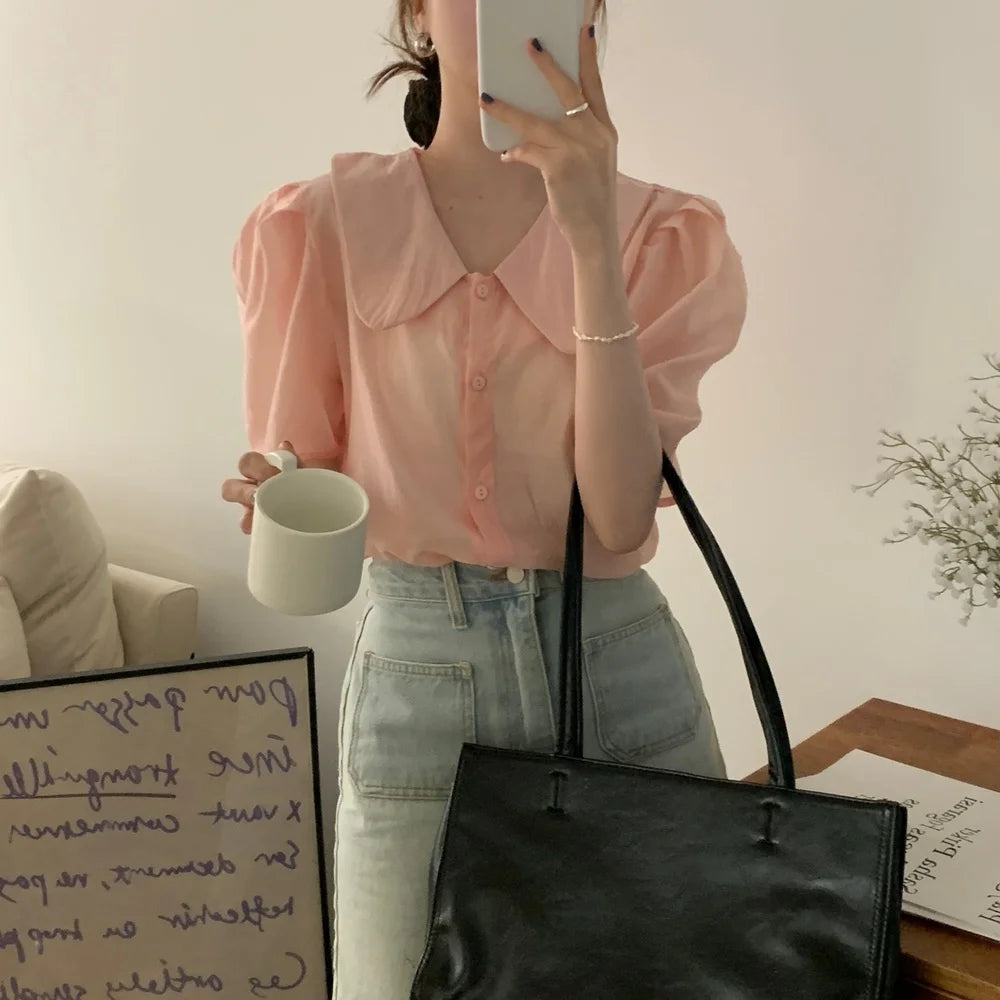 Bxoxo Chic Summer Versatile Simple Doll Collar Bubble Sve Single Button Loose ort Sve irt Women's Faion Casual Polyeste...