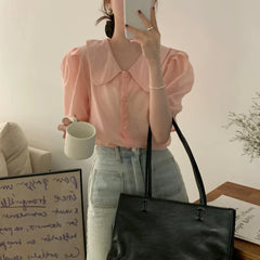 Bxoxo Chic Summer Versatile Simple Doll Collar Bubble Sve Single Button Loose ort Sve irt Women's Faion Casual Polyeste...