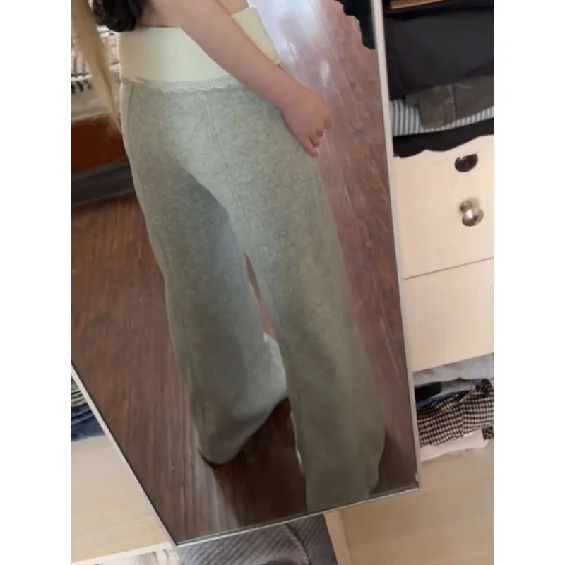 Bxoxo Basic Lace Patchwork Women Flare Pants Gray Korean Fashion Sweatpants Harajuku Contrast Color Trousers Baggy Casual