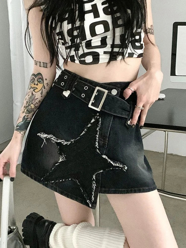 Bxoxo Vintage Star Y2K Denim Skirt Women High Waist Harajuku Belt Black Mini Skirt American Streetwear Retro Summer Gothic Skirt