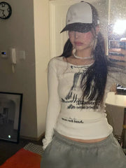 BXOXO Graffiti Letter Print T Shirt Women Slim Crop Tops Long Sleeve Y2k Aesthetic Grunge Tees Streetwear Harajuku Tshirts