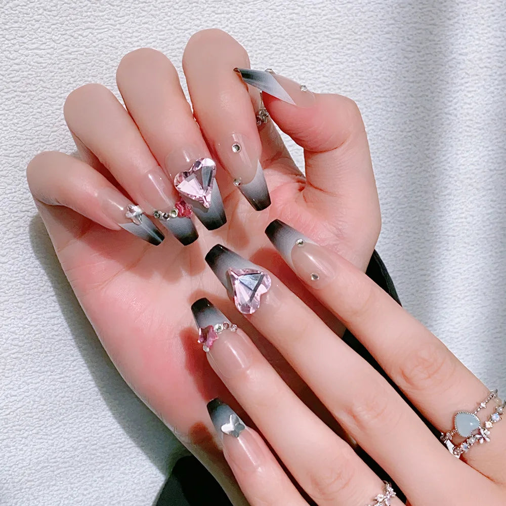 BXOXO Black Y2K Press on Nails Long Coffin Pink Fake Nails with Diamond Designs Gradient Color Wearable False Nail for Women New