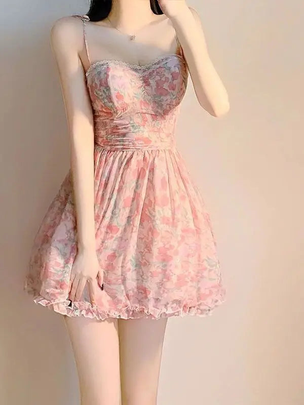 BXOXO Sweet New Pink Sexy Dress Sweet Fresh Style Fragmented Flowers Print Waist Wrapped Slim Student Summer Short Lovely