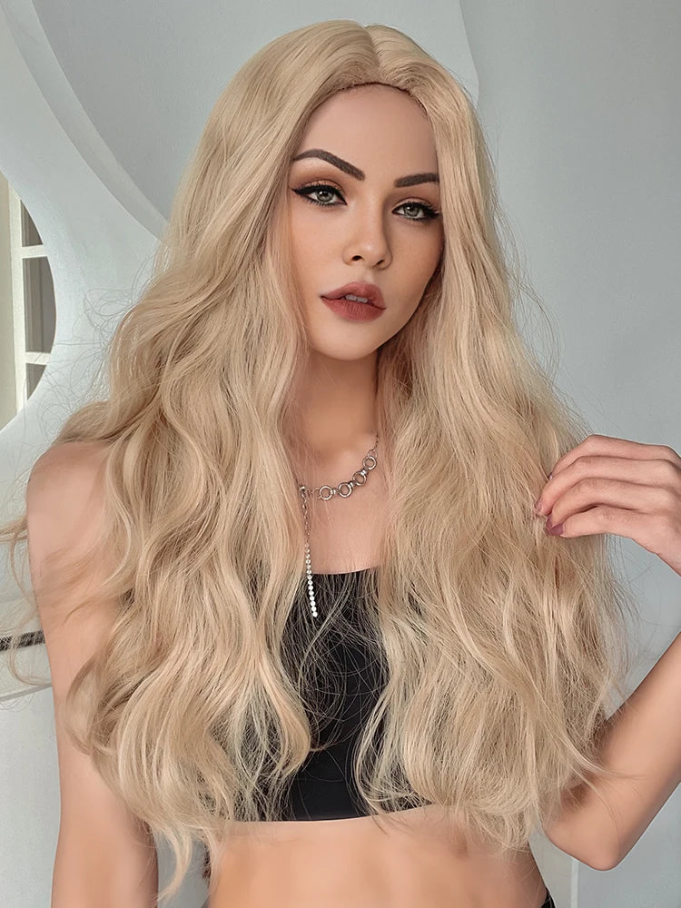 BXOXO Golden Curly Wave No Bangs Wigs 26 Inch  Fiber Synthetic Heat-resistant Deep Wave Wig Party or Selfie