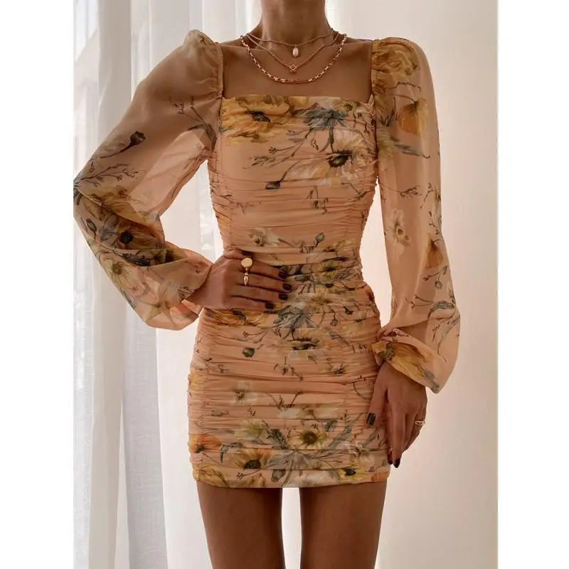 BXOXO Women Fashion Dresses French Square Neck Puff Sleeve Pleated Tight Chiffon Print Mini Dress