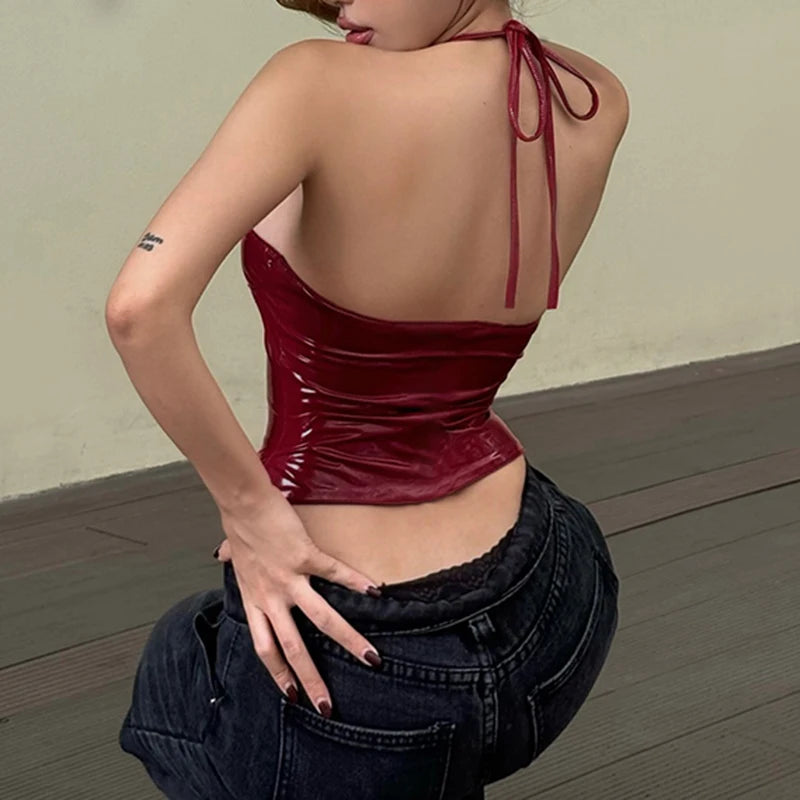 BXOXO y2k Red Leather Crop Top Streetwear V Neck Bandage Halter Camisole Vintage Club Party Women PU Mini Vest Punk Fashion Tee