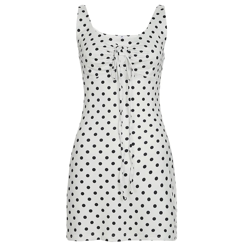 BXOXO Summer Holiday Polka Dot Dress y2k Vintage Bandage Hollow Out Sleeveless Skinny Mini Dresses for Women Streetwear Casual