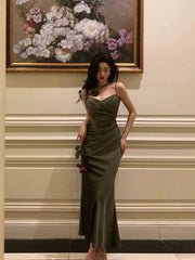 BXOXO - Vintage Sheath Spaghetti Straps Green Satin Long Prom Dresses Evening Gowns HOT1005