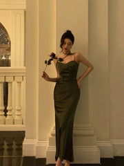 BXOXO - Vintage Sheath Spaghetti Straps Green Satin Long Prom Dresses Evening Gowns HOT1005