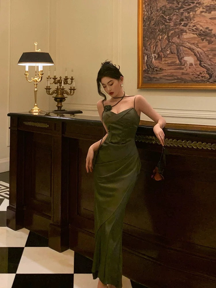 BXOXO - Vintage Sheath Spaghetti Straps Green Satin Long Prom Dresses Evening Gowns HOT1005