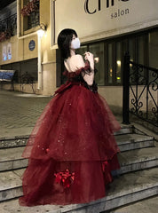 BXOXO Sexy Ball Gown Strapless Burgundy Tulle Birthday Dresses Night Party Dress HOT1159