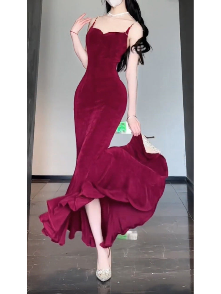 BXOXO Sexy Mermaid Spaghetti Straps Christmas Dress Burgundy Prom Dresses Birthday Outfits HOT1169