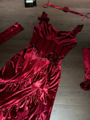 BXOXO Sexy Mermaid Spaghetti Straps Burgundy Christmas Dress Velvet Prom Dresses Birthday Outfits HOT1171
