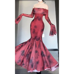 BXOXO Retro Mermaid Off The Shoulder Floral Red Long Sleeves Party Dresses Birthday Outfits HOT1172