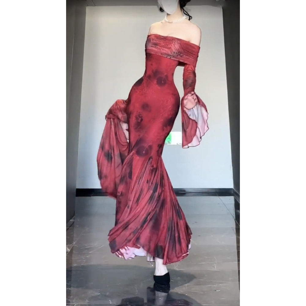 BXOXO Retro Mermaid Off The Shoulder Floral Red Long Sleeves Party Dresses Birthday Outfits HOT1172
