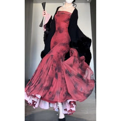 BXOXO Retro Mermaid Off The Shoulder Floral Red Long Sleeves Party Dresses Birthday Outfits HOT1172