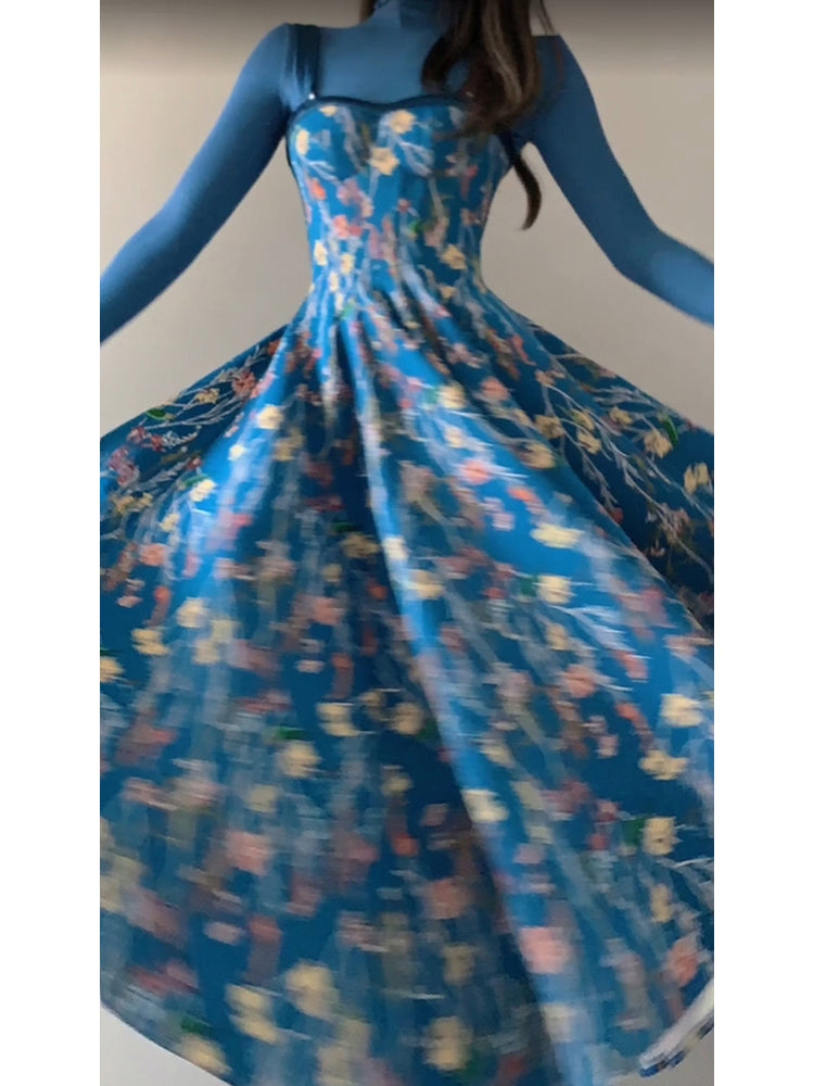 BXOXO - Vintage A line Spaghetti Straps Royal Blue Floral Long Birthday Dresses Prom Dress Birthday Outfits HOT1187