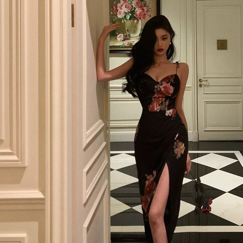BXOXO Sexy Sheath Spaghetti Straps Black Floral Slit Prom Dresses Birthday Outfits HOT753