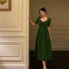 BXOXO Stunning A Line Square Neckline Half Sleeves Dark Green Pleated Prom Dresses Birthday Outfit HOT775