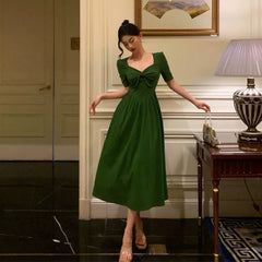 BXOXO Stunning A Line Square Neckline Half Sleeves Dark Green Pleated Prom Dresses Birthday Outfit HOT775