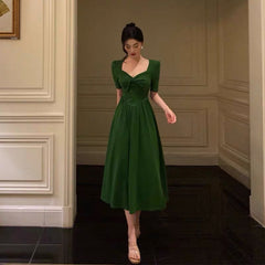 BXOXO Stunning A Line Square Neckline Half Sleeves Dark Green Pleated Prom Dresses Birthday Outfit HOT775