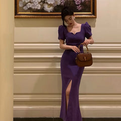 BXOXO - Stunning Sheath Square Neckline Short Sleeves Date Night Dress Grape Prom Dresses Birthday Outfit HOT842