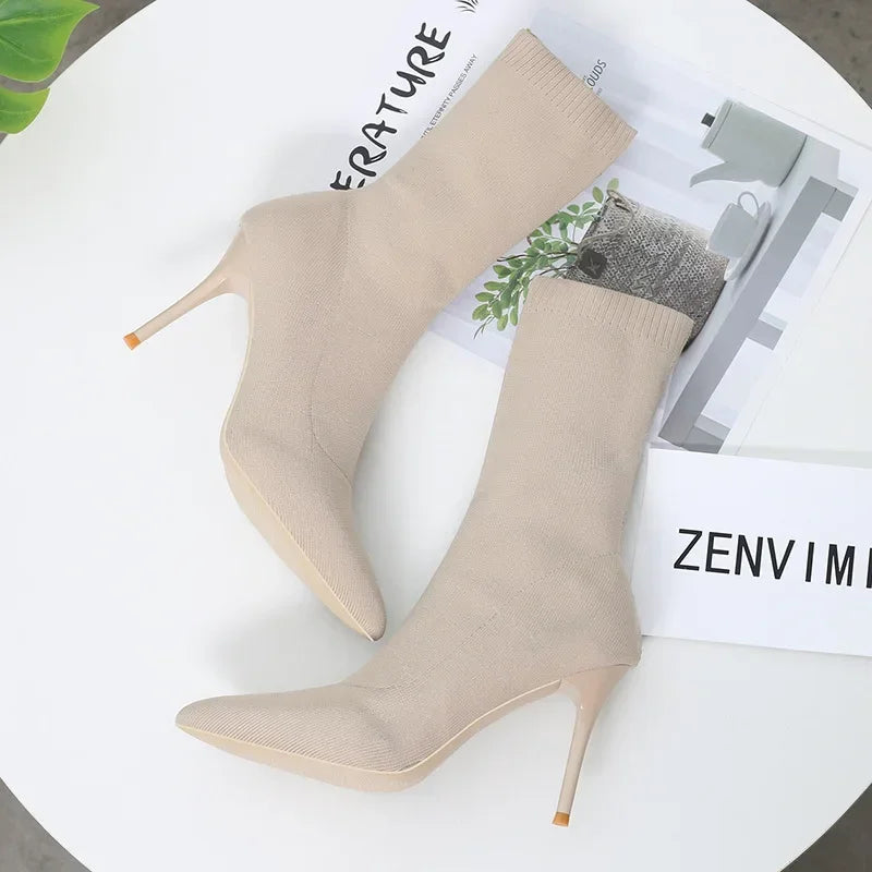 BXOXO Sexy Sock Boots Knitting Stretch Boots High Heels for Women Fashion Shoes Spring Autumn Ankle Boots Female