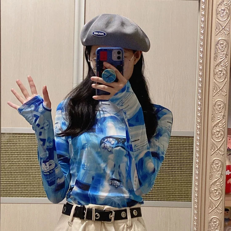 BXOXO Cyberpunk Ice Silk Sun Protection Mesh T-shirt for Women 2025 Summer New Blue Tie Dye Tee Shirt Y2k E-Girl Long Sleeve Tops