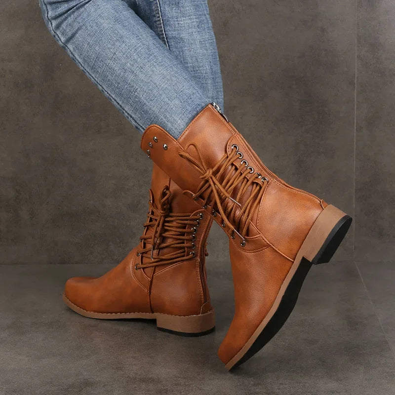BXOXO Women Mid-Calf Boot Fashion Rivet Knight Boots British Style Autumn Winter Female Shoes Cross Lace Morden Booties Botas Mujer PU