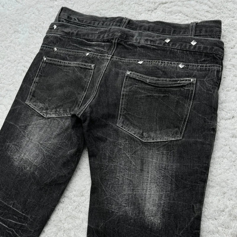 Bxoxo Vintage Double Waisted Lace Up Micro Flared Jeans Women Y2K Washed Wide Leg American Style Denim Pants Baggy Streetwear