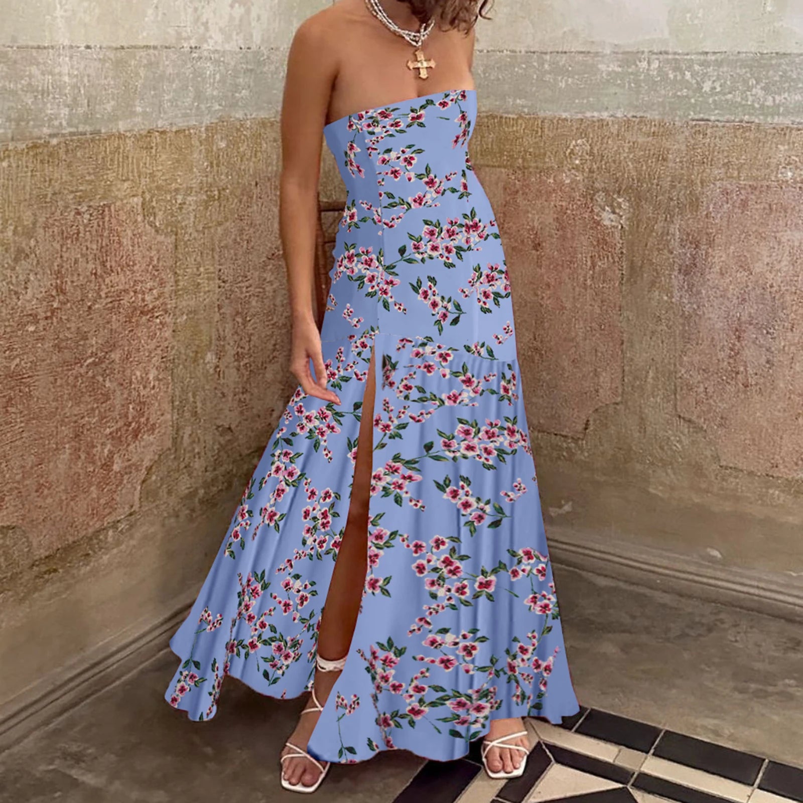BXOXO Women Y2K Floral Long Tube Dress Strapless Backless Maxi Dress Flowy Sleeveless Boho Sundress Summer Beachwear