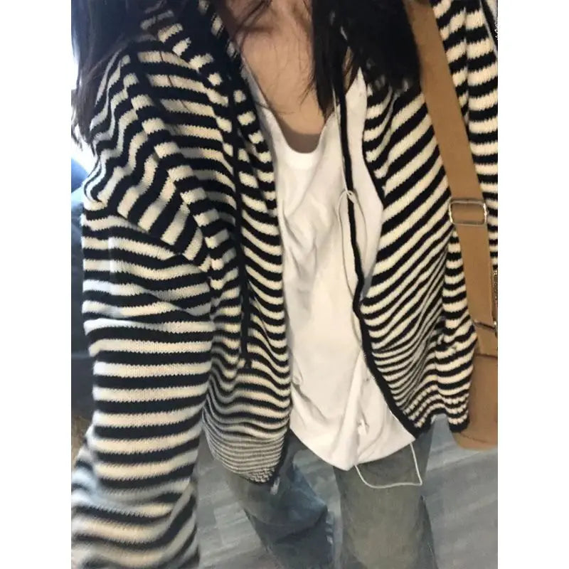 BXOXO Vintage Striped Sweaters Cardigan Women Casual Korean Style Zip Up Knitwear Harajuku Loose Black White Knitted Coats