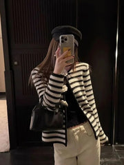 Bxoxo Stripe Knit Cardigan for Women Autumn Fashion 3D Flower Long Sleeve Female Knitwear Korean Elegant Slim All Match Button Coats
