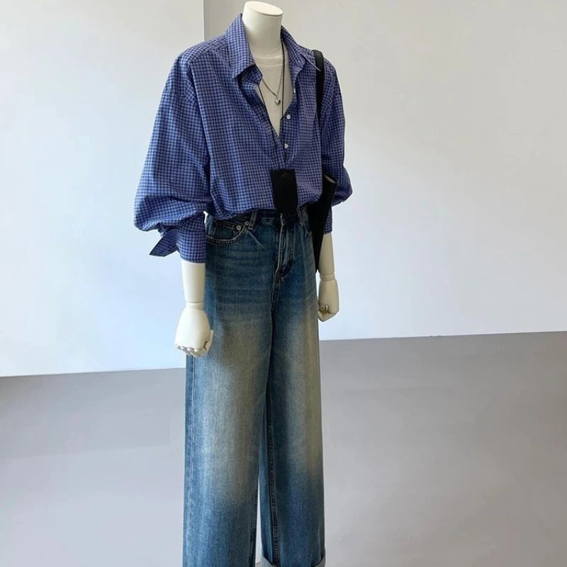 Bxoxo Blue Basic Vintage Plaid Women's Shirts Harajuku Long Sleeve Korean Fashion Blouses Loose Casual Commuting Youthful