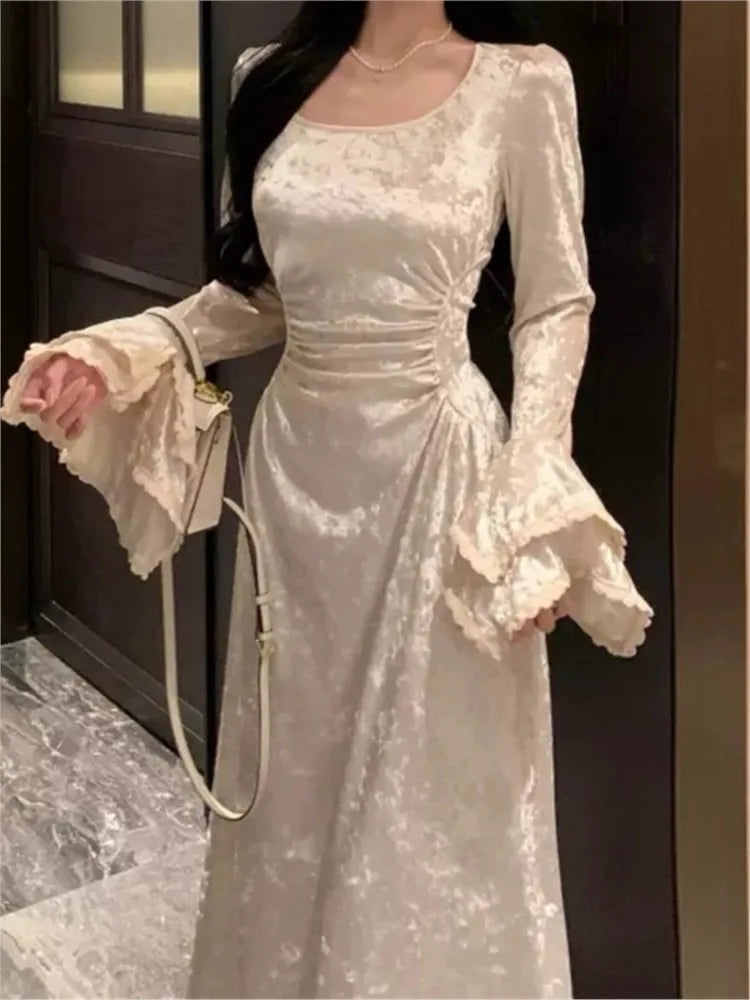 Bxoxo Autumn Elegant Velvet Midi Dresses For Women Lace Patchwork Flare Sleeve A-line Birthday Party Dress Vestidos Mujer New