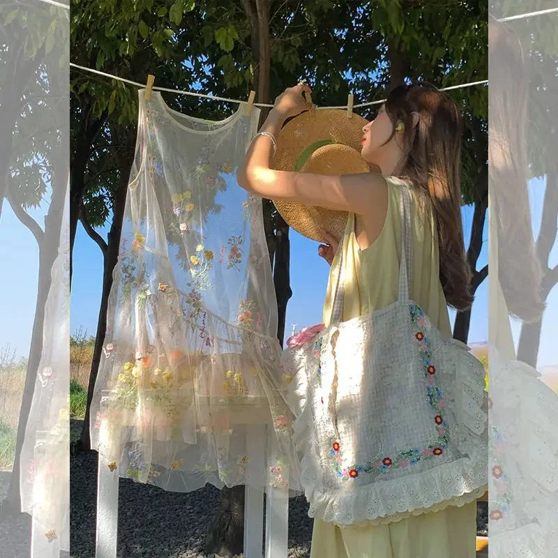 Bxoxo Butterfly Spirit Floral Embroidery Sleeveless Dress Women Summer Loose Overlap Skirt Vest Dress Knee-Length A- Line Gown