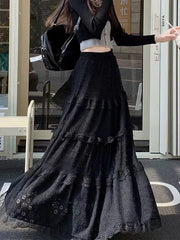 Bxoxo Elegant Lace Splicing Midi Skirt for Women Y2K Summer High Waist Chic Hollow Out A Line Skirts Korean Solid All-Match Long Skirt