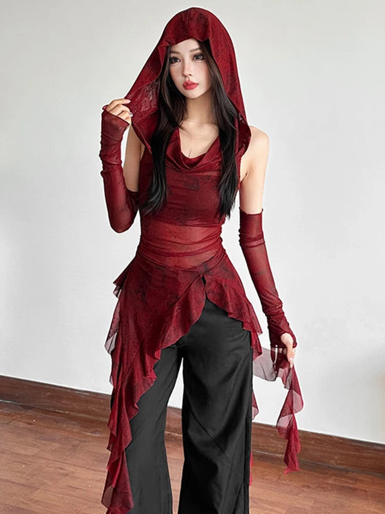 BXOXO Vintage Gothic Hooded T Shirts Women Sexy See Through Slim Y2K Tees Streetwear Harajuku with Sleeves Female Irregular Tops