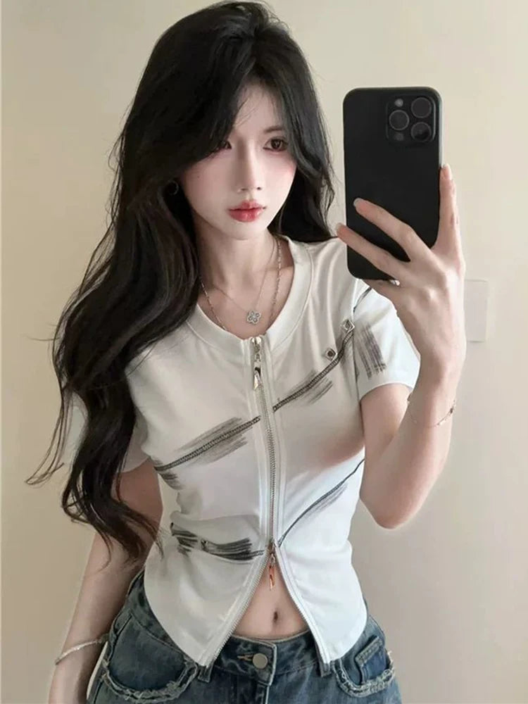 Bxoxo Harajuku Y2K T Shirt Women Slim Sexy Cropped Double Zipper Vintage Tees Streetwear Vintage American Casual O Neck Lady Tops