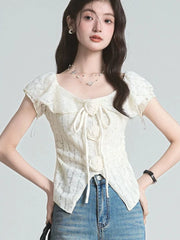 BXOXO 3D Floral Ruffles Sweet T Shirt Women Slim Sexy Cropped Short Sleeve Chic Tees Tops Korean Fashion Elegant Female T Shirts