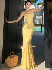 Bxoxo Women's Sexy Bodycon Party Dress Elegant Summer Yellow Lace-up Evening Spaghetti Strap Dresses 2025 New Chic Beach Holiday Robe